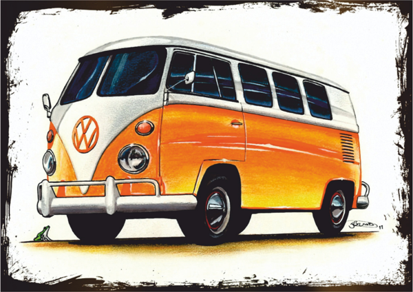 Volkswagen T1 Camper Van Retro Ahşap Tablo – Turuncu-Beyaz Vosvos Minibüs Tasarımı - Image 1