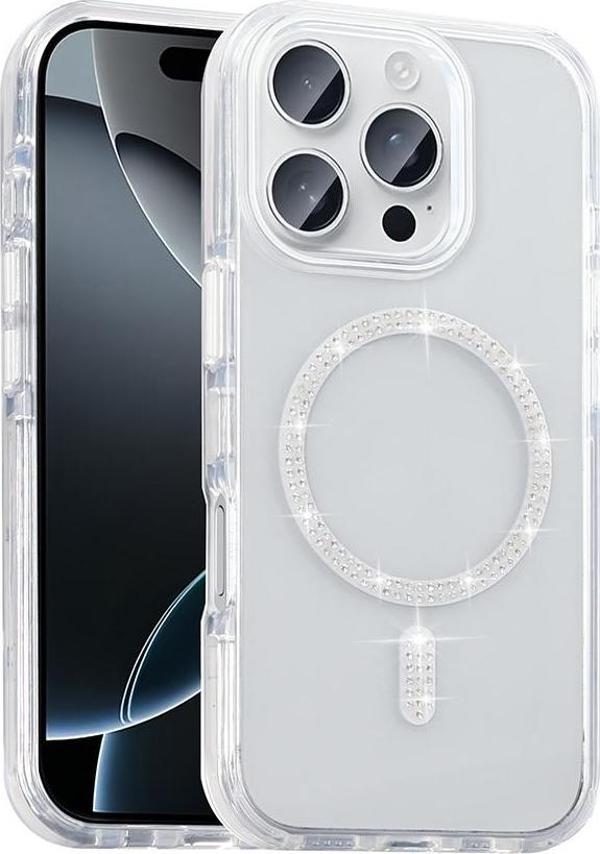 Apple iPhone 15 Pro Kılıf Taşlı Tasarım M-safe Şarj Özellikli Zore Koment Silikon Kapak - Image 1