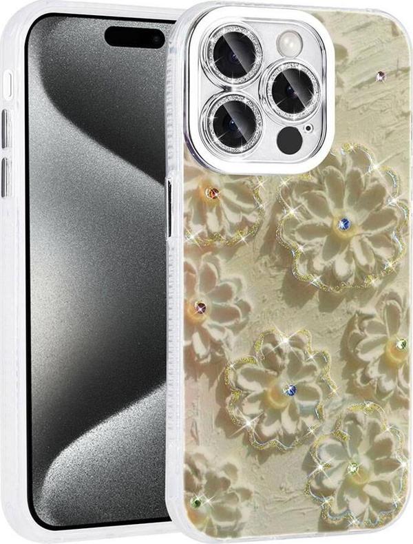 Apple iPhone 15 Pro Max Kılıf Çiçek Desenli Parlak Taşlı Sert Silikon Zore Garden Kapak - Image 1