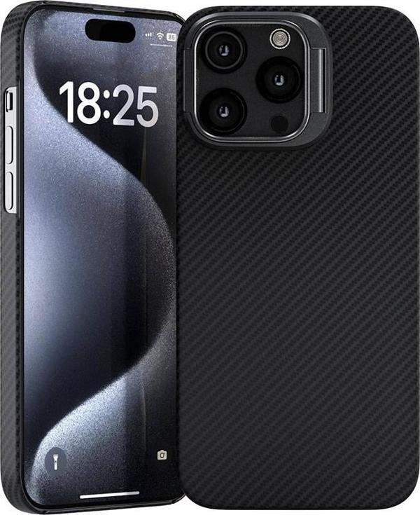 Apple iPhone 15 Pro Max Kılıf M-safe Şarj Özellikli 600D Kevlar Zore Krek Karbon Standlı Kapak - Image 1