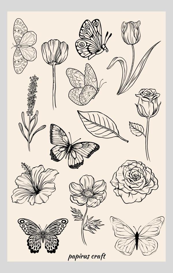 Papirus Craft Siyah Beyaz Temalı 14 Lü Çiçek Ve Kelebekli Sticker Çıkartma - Image 1