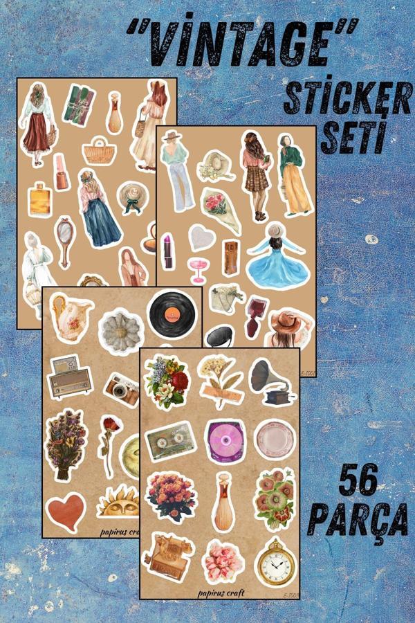 Papirus Craft Vintage Sticker Seti , 4 Yaprak ,56 Adet Çıkartma , Etiket - Image 1