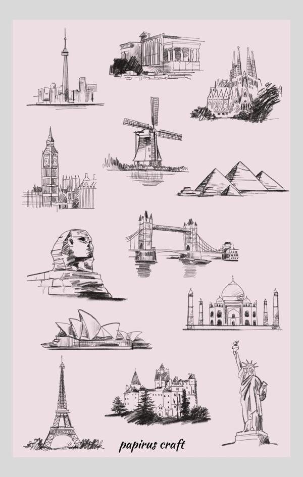 Papirus Craft Gezilecek Yerler Siyah Beyaz Temalı 13 Lü Sticker Çıkartma - Image 1