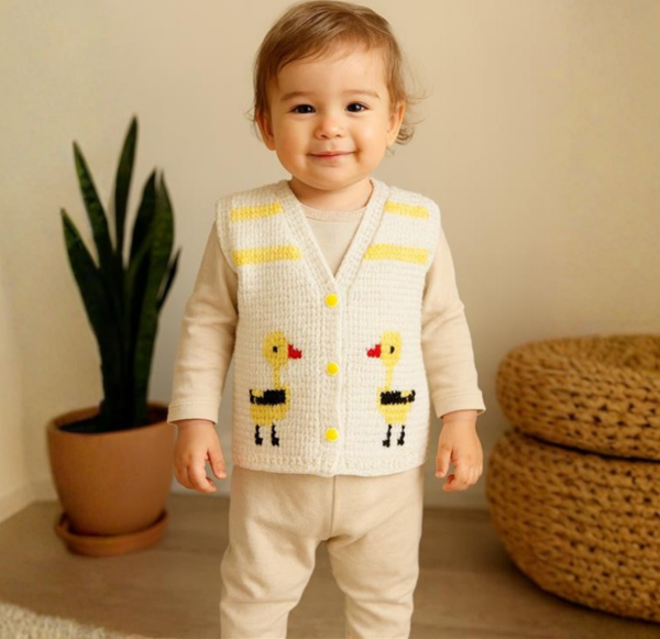 Uretti - Çiğdem 1390 2517 El Örgüsü Ördek Desenli Örgü Yelek / 1 - 3 Yaş - Image 1