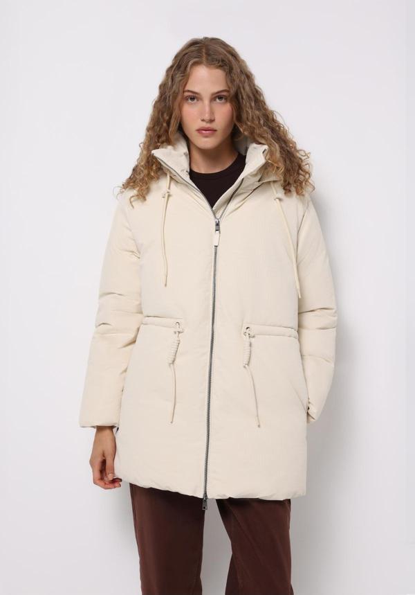 Regular Fit Kapüşonlu Fermuarlı Astarlı Çıkarılabilir Kapüşonlu Kadın Ekru Mont - Image 1