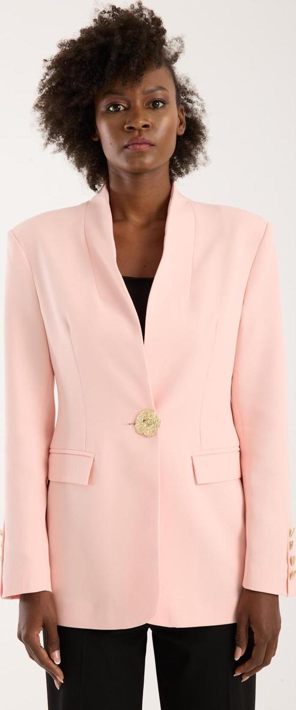 Pembe Salaş Kesim Düğme Detaylı Dokuma Blazer Ceket - Image 1
