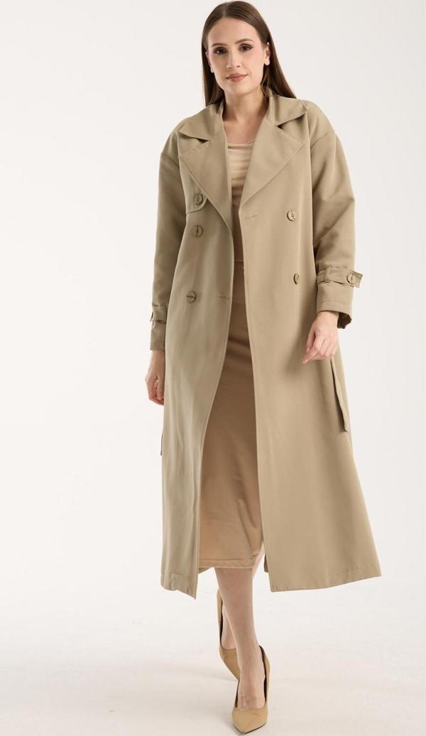 Açık Haki Oversize Rüzgarlık Detaylı Trençkot - Image 1
