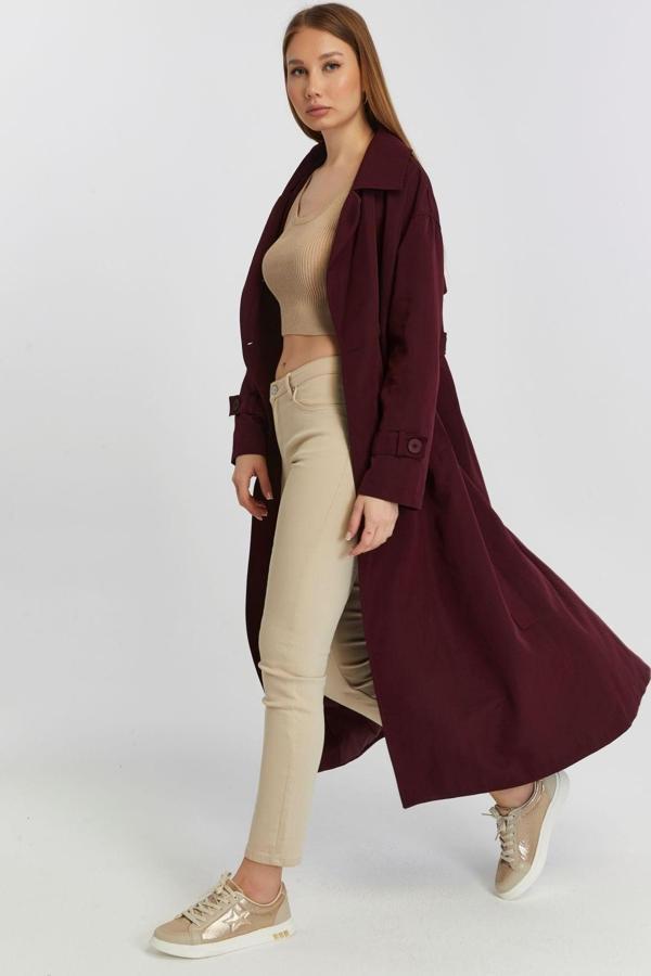 Bordo Oversize Rüzgarlık Detaylı Trençkot - Image 1