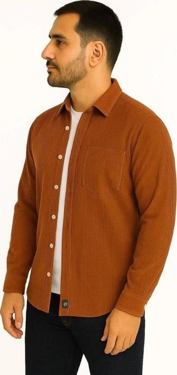 MDB Erkek Fitilli Kadife Cepli Gömlek Oversize Rahat Kalıp  Kahverengi - Image 1