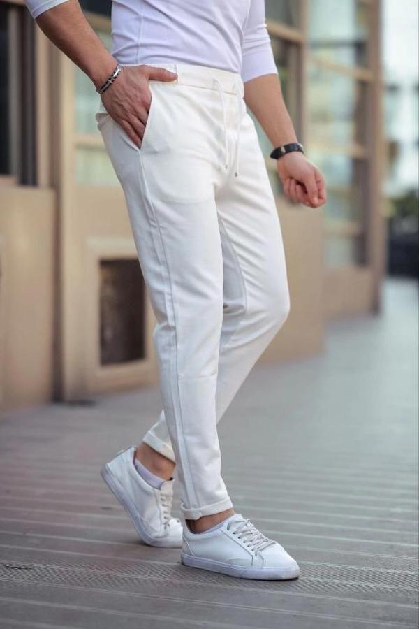 MDB Erkek Diagonel ikro Dokulu Cepli Beli astilki Pantolon  Beyaz - Image 1