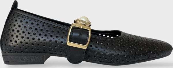 Kadın İnci ve Mühür Aksesuar Bantlı Babet SİYAH - ALTIN - Image 1