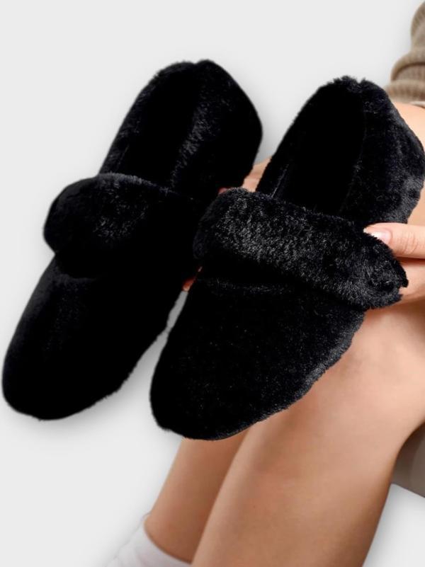 Tüylü Tek Kemer Cırtlı Panduf Kadın Ev Babeti SİYAH - Image 1