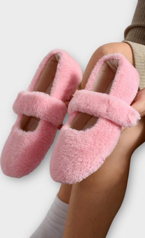 Tüylü Tek Kemer Cırtlı Panduf Kadın Ev Babeti PEMBE - Image 1