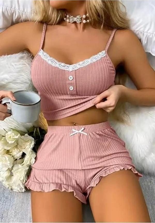 Kadın Pudra Dantel Detaylı Şortlu Gecelik Pijama Takımı 5015 - Image 1