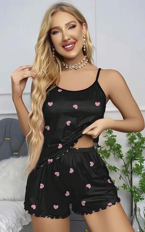 Kadın Siyah Kalp Desenli Askılı Şortlu Gecelik Takım 5018 - Image 1