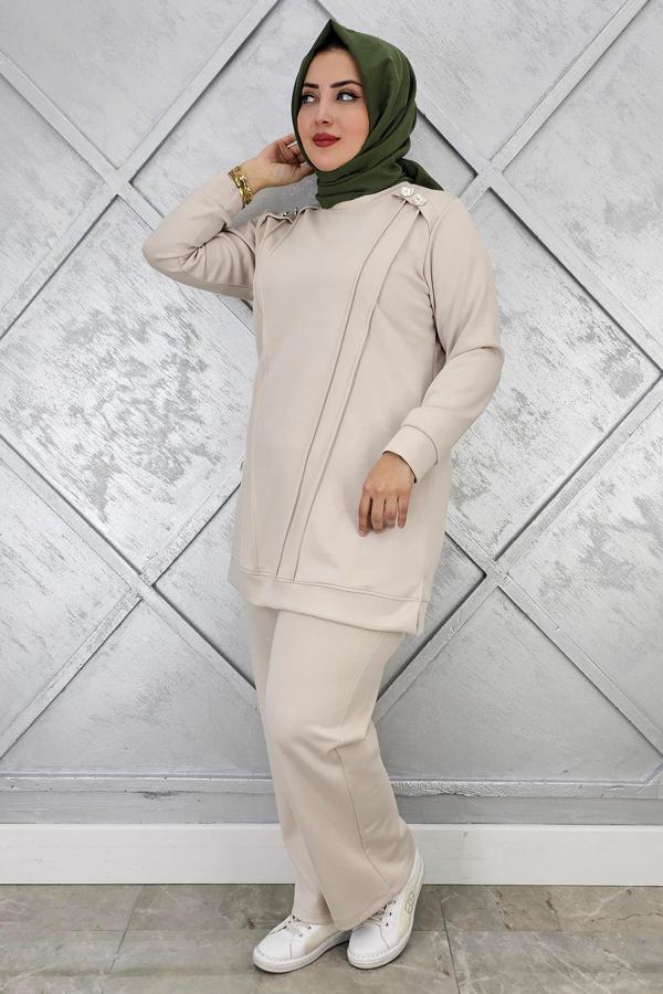 KADIN DÜĞME DETAYLI NERVÜR DİKİM TESETTÜR TAKIM - Image 1