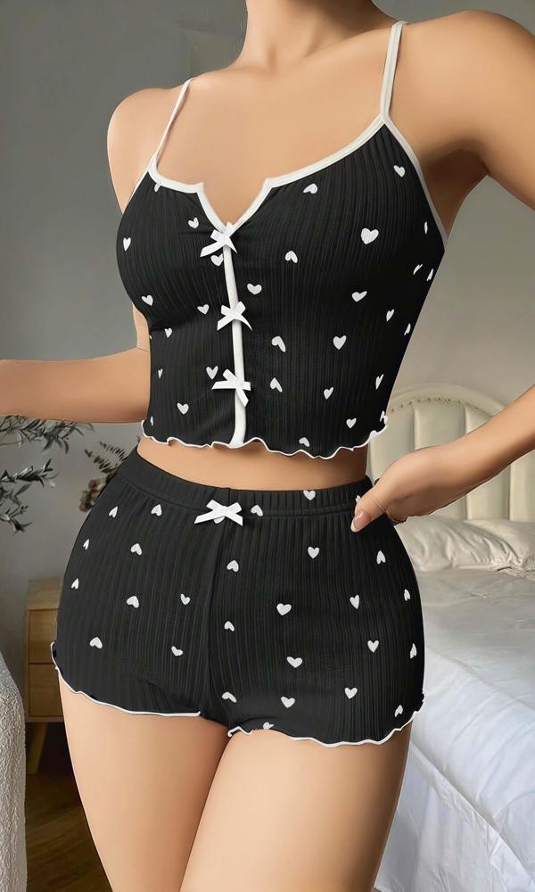 Kadın Siyah Kalp Desenli Askılı Şortlu Pijama Takım 5008 - Image 1