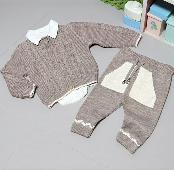 PAÇA DETAYLI GÖMLEK YAKA BODYLİ TRİKO ALT ÜST TAKIM - ANG2929-Vizon-6 Ay Vizon - Image 1