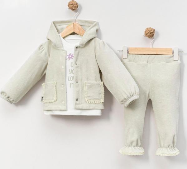 KAPÜŞONLU FİSTO DETAYLI KADİFE ÜÇLÜ ALT ÜST TAKIM - KS-25015-Gri-6 Ay Gri - Image 1