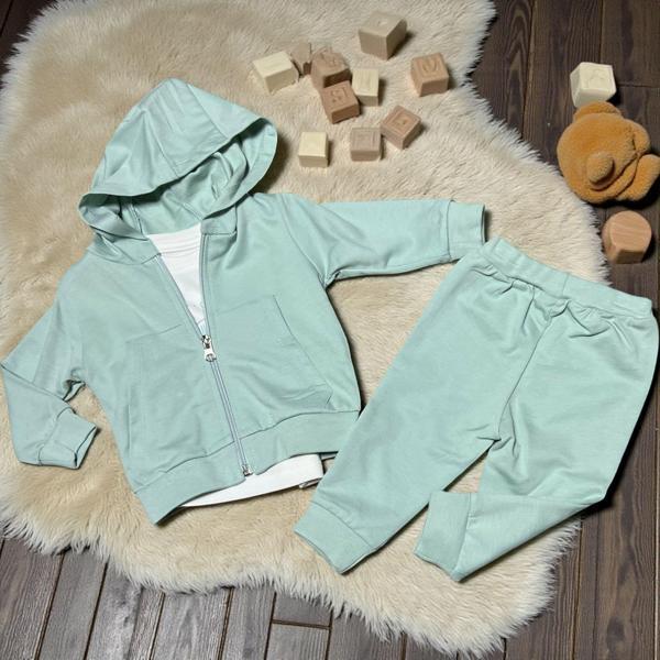 LETS GET BASKILI KAPÜŞONLU İKİ İPLİK ÜÇLÜ ALT ÜST TAKIM - SD-2159-Mint Yeşili-3 - 6 Ay Mint Yeşili - Image 1