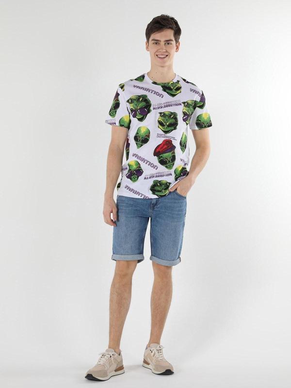 Comfort Fit Bisiklet Yaka Baskılı Beyaz Erkek Kısa Kol Tişört Cl1057522 - Image 1