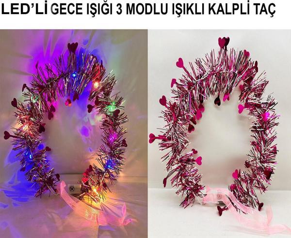 Kalp Püsküllü 3 Modlu LED Işıklı Taç Fuşya Renk - Image 1