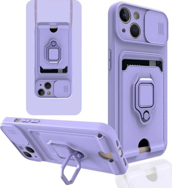 iPhone 15 Kılıf Zuma Kartvizitli Yüzüklü Silikon - Lila-(5796) - Image 1