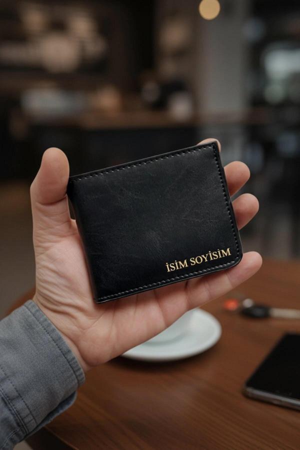 Vegan Deri Cüzdan İsim Baskılı Süper Ince Model 5 Adet Kart Kapasiteli Gizli Çıtçıtlı Kapama Siyah - Image 1