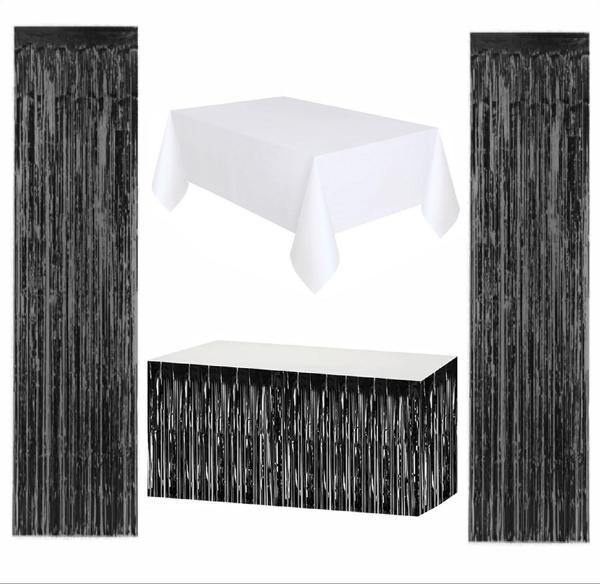 Beyaz Masa Örtüsü, Siyah Masa Eteği, 2 Adet Siyah Arka Fon - Image 1