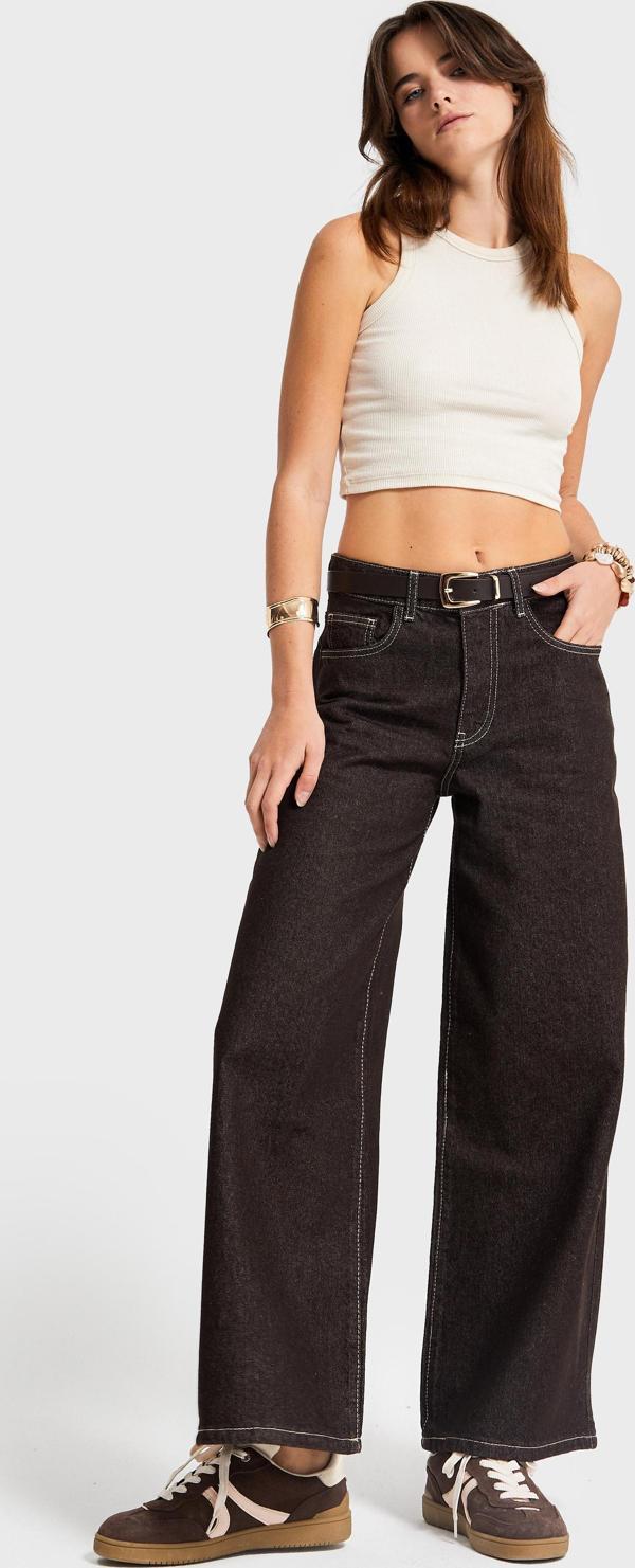 Kadın Acı Kahve Renk 7w5-16 Culotte Wide Leg Fit Kemerli Denim Jean - Image 1