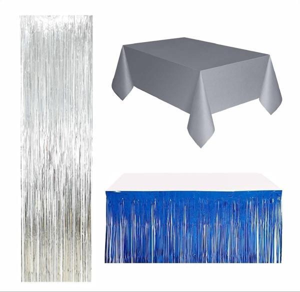Gümüş Masa Örtüsü, Lacivert Masa Eteği, Gümüş Arka Fon - Image 1
