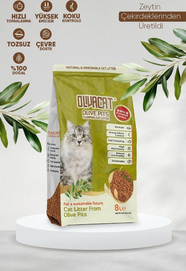 Zeytin Çekirdeğinden Üretilen Aktif Karbonlu Tozsuz Doğal Kedi Kumu 8 L - Image 1