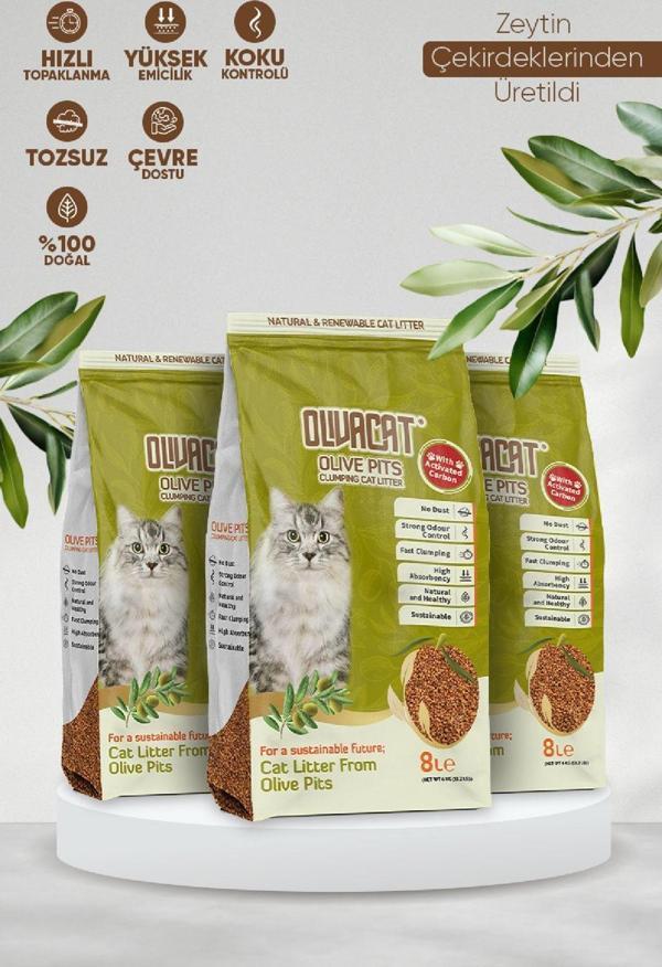 Zeytin Çekirdeğinden Üretilen Aktif Karbonlu Tozsuz Doğal Kedi Kumu 8 L 3 Adet - Image 1