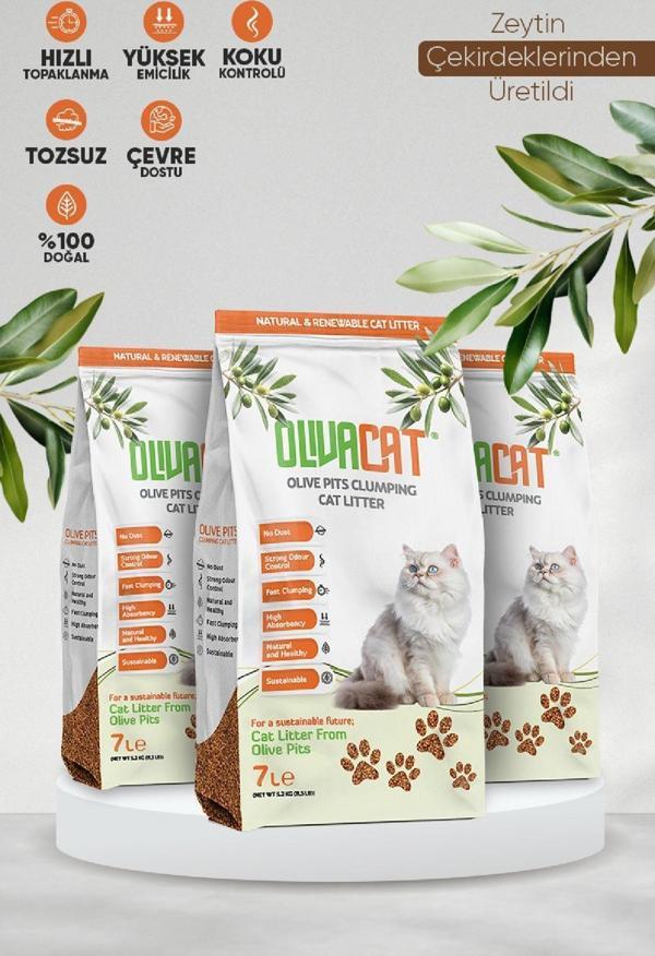 Zeytin Çekirdeğinden Üretilen Doğal Tozsuz Kedi Kumu 7 L 3 Adet - Image 1
