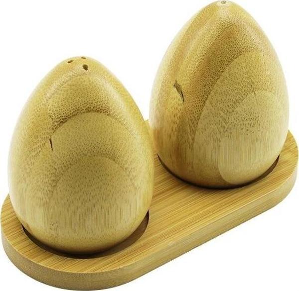 2 Pcs - Yumurta Modeli Ahşap Bambu Tuzluk - Baharatlık Ahşap Standlı - Image 1