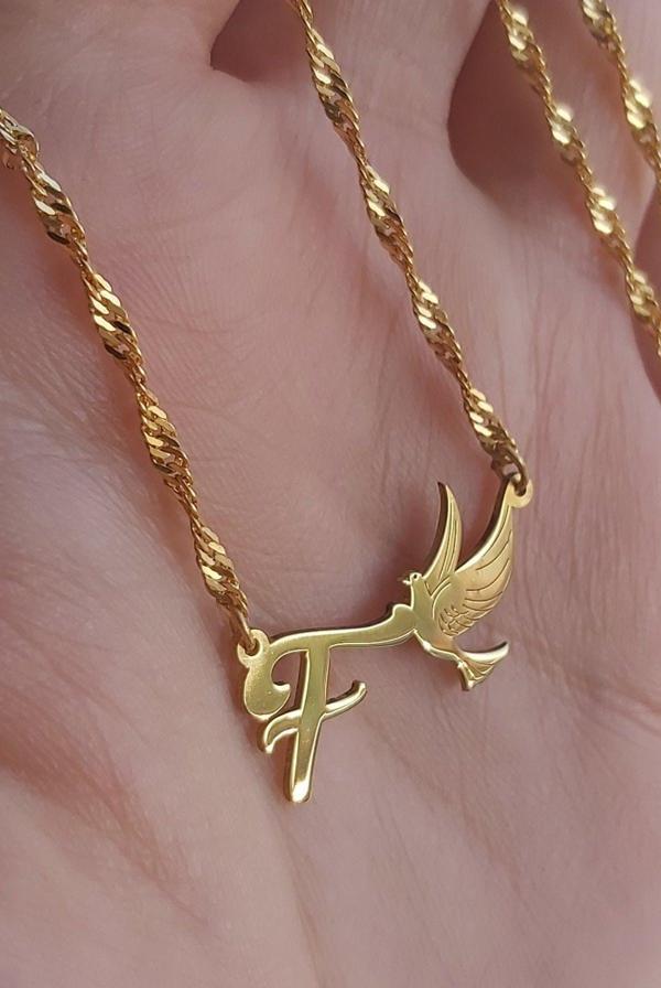 925 Ayar Gümüş 24 Ayar Altın Kaplama Harfli Güvercin Kolye - Image 1