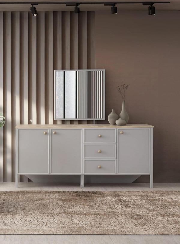 Yakamoz Sis Gri Çekmeceli Dolaplı Aynasız Büfe Konsol 185x48x82cm - Image 1