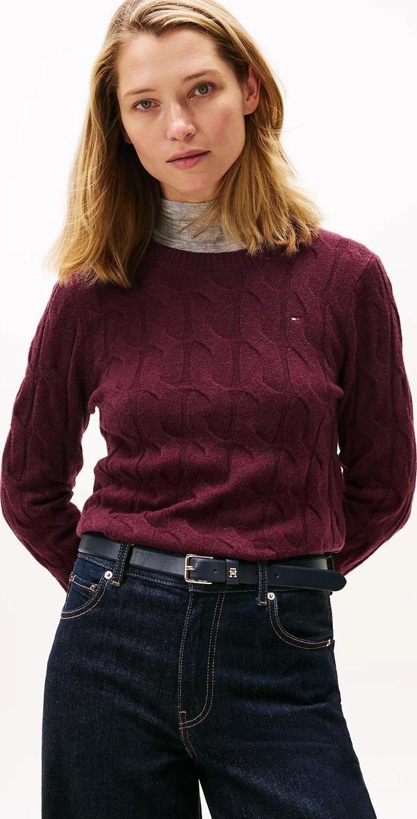 Tommy Hilfiger Yumuşak Yün Saç Örgülü Bisiklet Yaka Uzun Kollu Kadın Kırmızı Kazak WW0WW43586XIH - Image 1