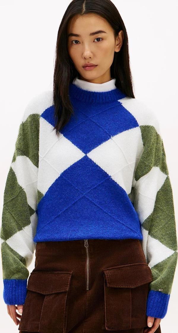 Tommy Hilfiger Alpaka Karışımlı Baklava Desenli Bisiklet Yaka Uzun Kollu Kadın Mavi Kazak WW0WW47464 - Image 1