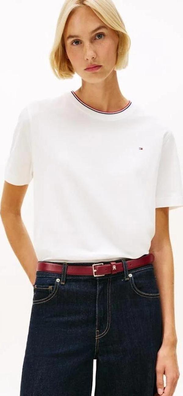 Tommy Hilfiger İkonik Şeritli Pike Bisiklet Yaka Kısa Kollu Kadın Beyaz T-shirt WW0WW47310YBL - Image 1