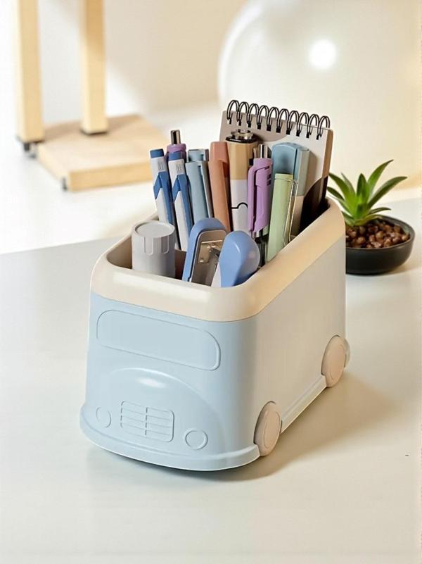 Retro Otobüs Kalemlik ve Masaüstü Organizer - Pastel Mavi (19x12x11 cm) - Image 1