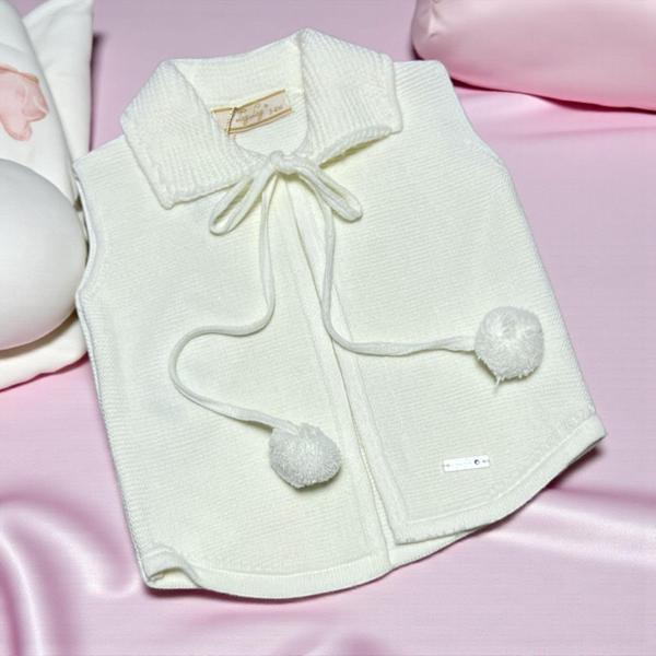 YAKA PONPON BAĞCIKLI TRİKO YELEK - LY3005-Ekru-9 - 12 Ay Ekru - Image 1