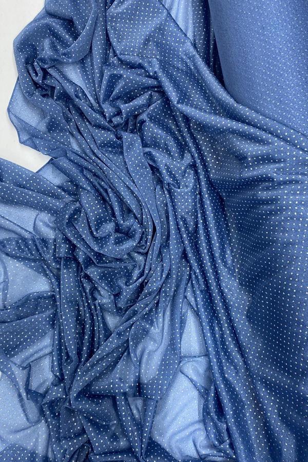 Yağmur Damlası Simli Abiye Elbise Şallık Tül Kumaş İndigo Mavi 89 - Image 1