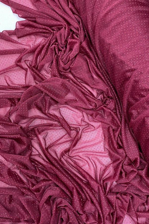 Yağmur Damlası Simli Abiye Elbise Şallık Tül Kumaş Bordo 23 - Image 1