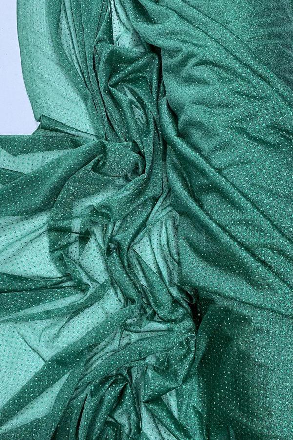 Yağmur Damlası Simli Abiye Elbise Şallık Tül Kumaş Zümrüt Yeşili 41-K - Image 1