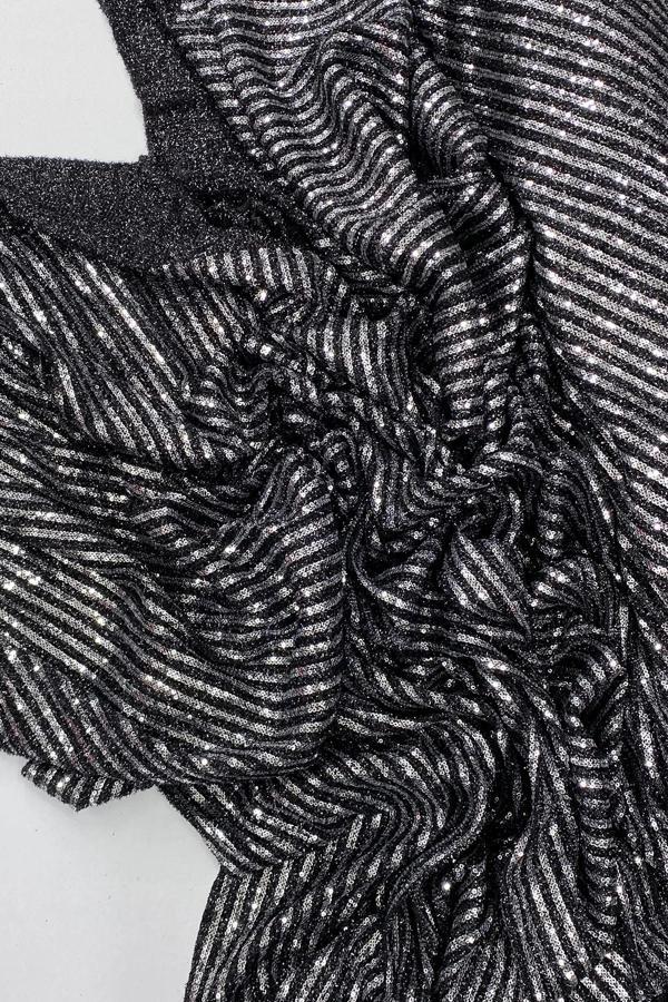 Sakallı Çizgili Pullu Kumaş  Pullu Payet Kumaş Abiye Nişan Düğün Siyah - Image 1