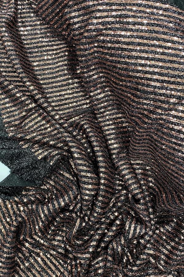 Sakallı Çizgili Pullu Kumaş  Pullu Payet Kumaş Abiye Nişan Düğün Siyah Bakır - Image 1