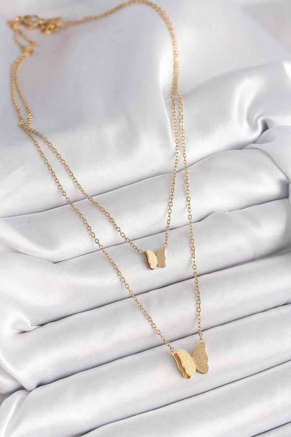 Zarif Boyunlar için Golden Çelik 2'Li Simli Kelebek Kadın Kolye - Image 1