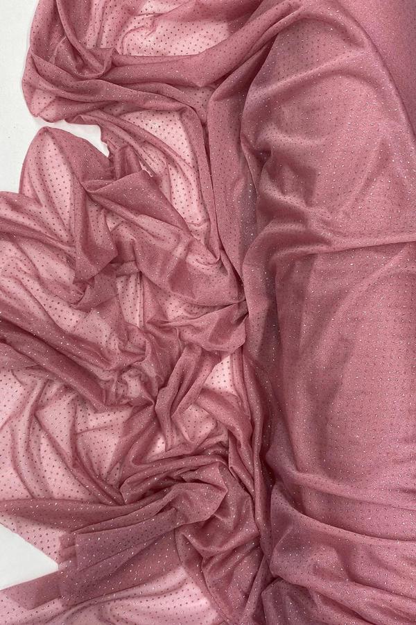 Yağmur Damlası Simli Abiye Elbise Şallık Tül Kumaş Gül Kurusu 32-H - Image 1