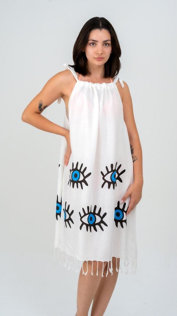 Emillie Viskon Baskılı İpli Bağlamalı Elbise -Gözler - Image 1